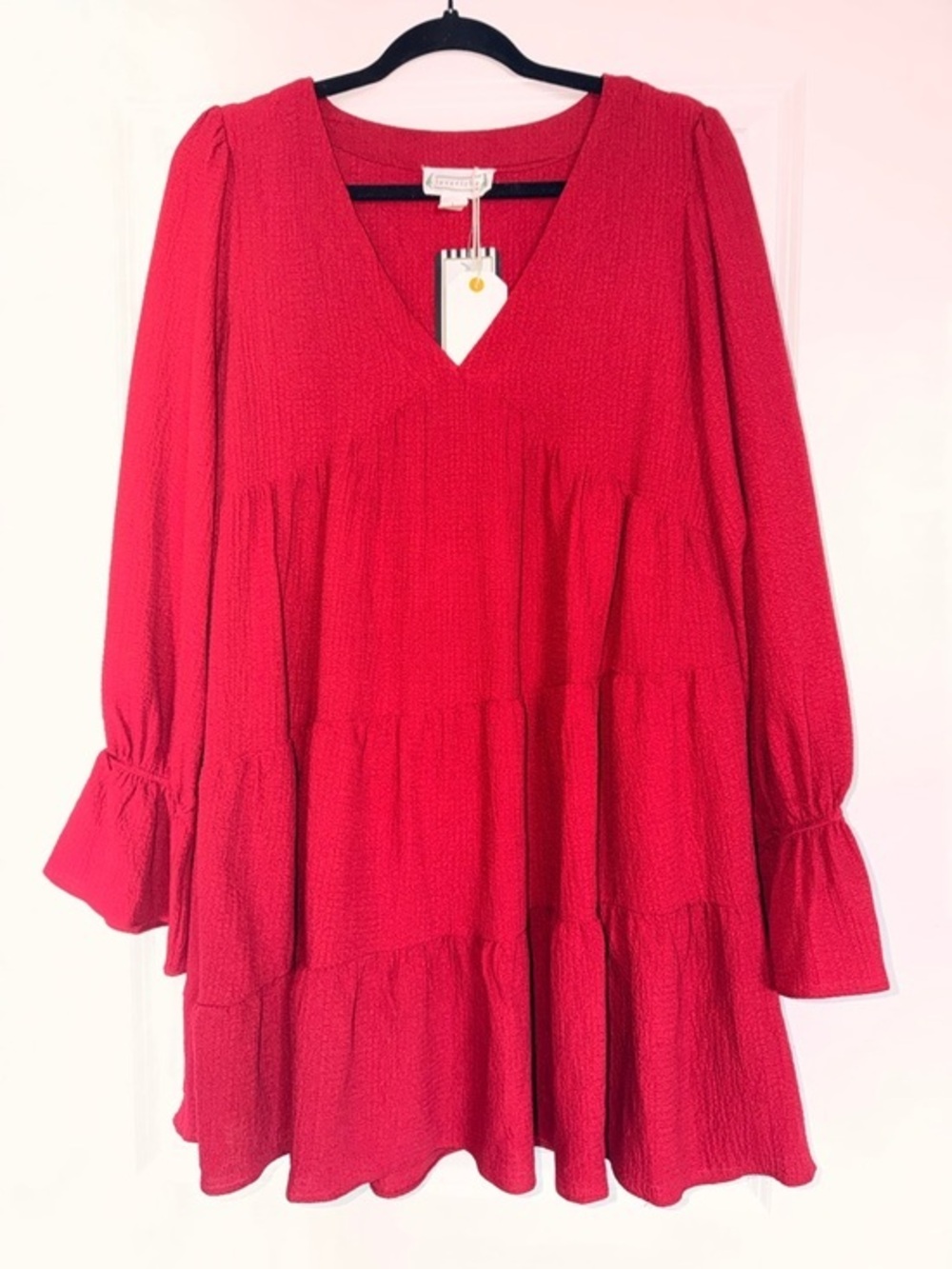 NWT! Deep Red Tiered V-Neck Long Sleeve Mini Dress Women’s